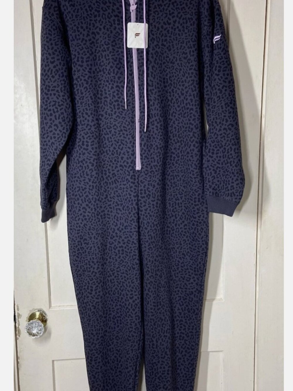 Womens Large L black and purple hooded onesie jumpsuit!